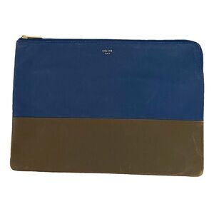 Celine AUTHENTIC Two-Tone Bi-Color All Soft Blue Neutral Logo Clutch Bag Pouch